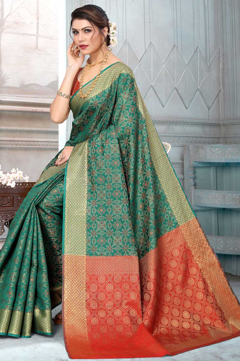 Incredible Festival Wear Patola Silk Fabric Dark Green Color Saree