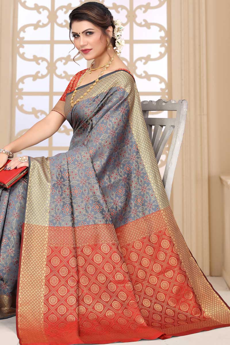 Classic Festival Wear Grey Color Saree In Patola Silk Fabric