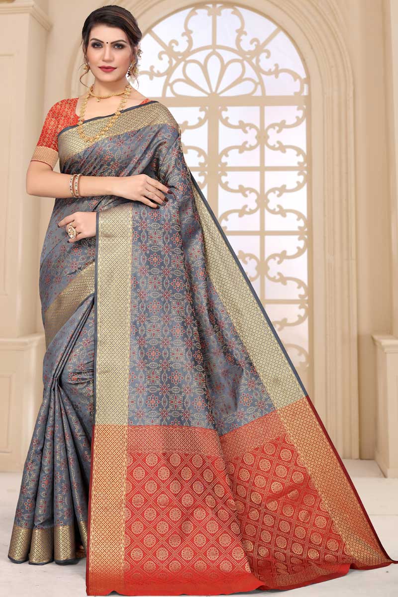 Classic Festival Wear Grey Color Saree In Patola Silk Fabric