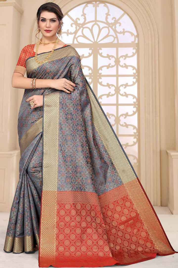 Classic Festival Wear Grey Color Saree In Patola Silk Fabric