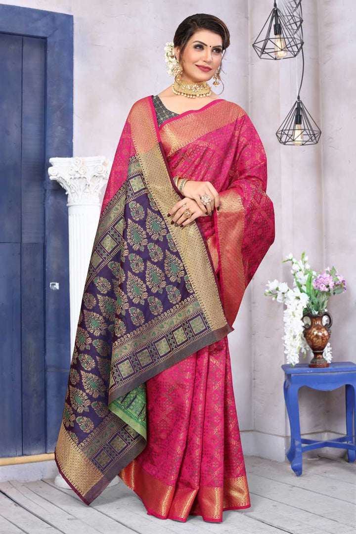 Radiant Jacquard Work On Pink Color Patola Silk Fabric Saree