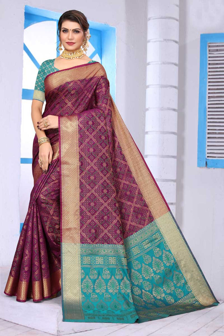 Excellent Patola Silk Fabric Wine Color Saree With Jacquard Work