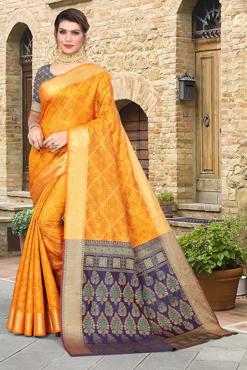 Classic Jacquard Work On Mustard Color Saree In Patola Silk Fabric