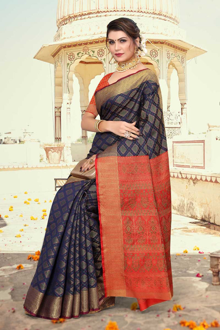 Navy Blue Color Art Silk Fabric Festival Wear Fetching Patola Style Saree