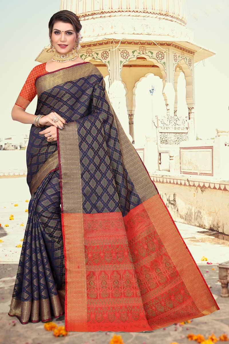 Navy Blue Color Art Silk Fabric Festival Wear Fetching Patola Style Saree