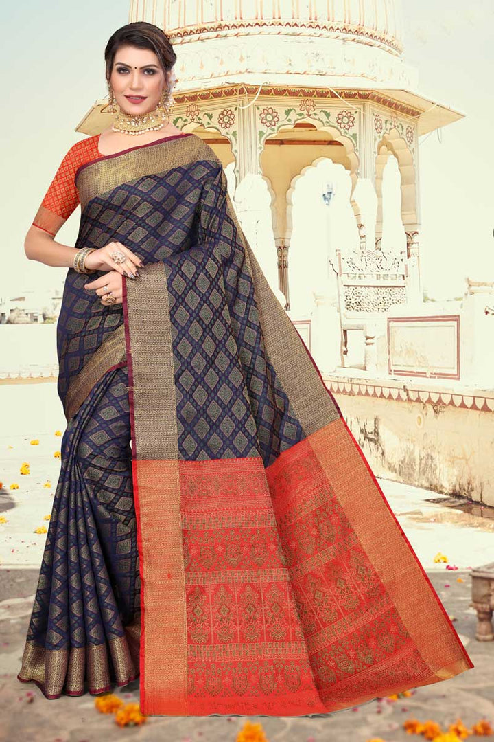 Navy Blue Color Art Silk Fabric Festival Wear Fetching Patola Style Saree