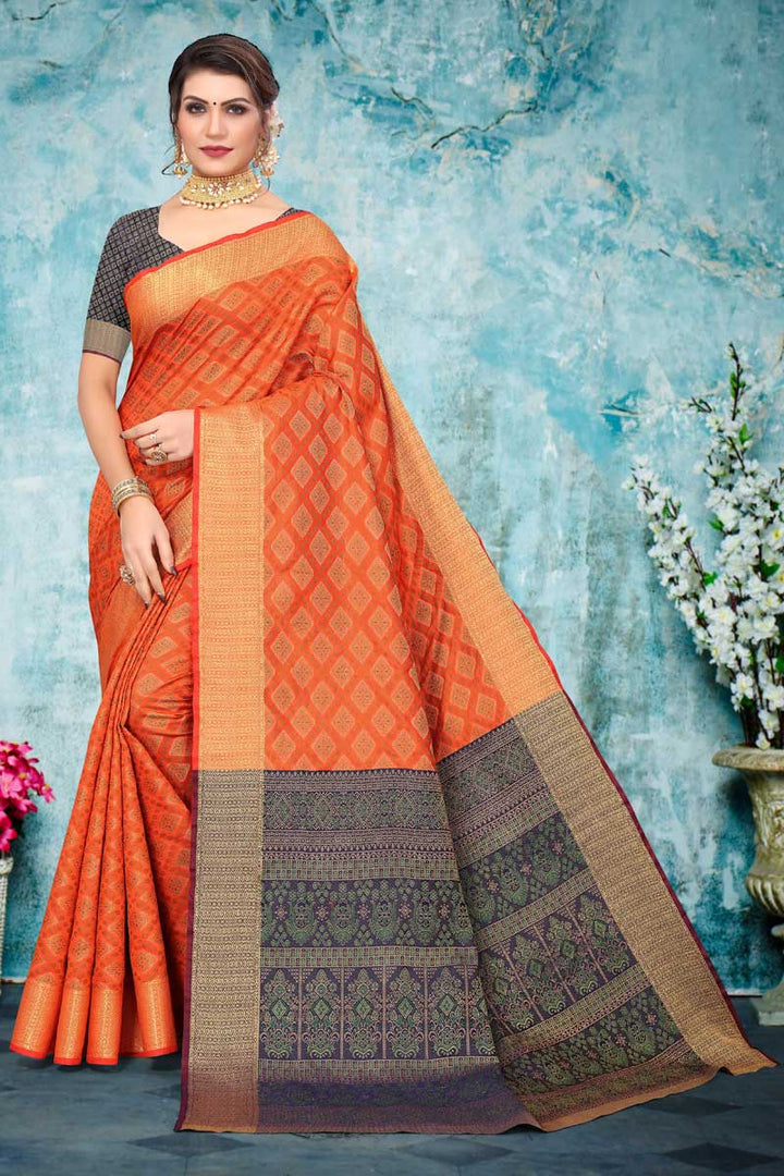 Festival Wear Art Silk Fabric Orange Color Intricate Patola Style Saree