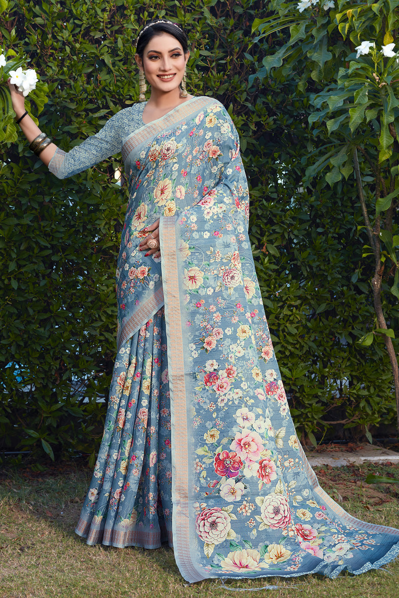 Incredible Cotton Cotton Silk Fabric Grey Color Festive Look Saree