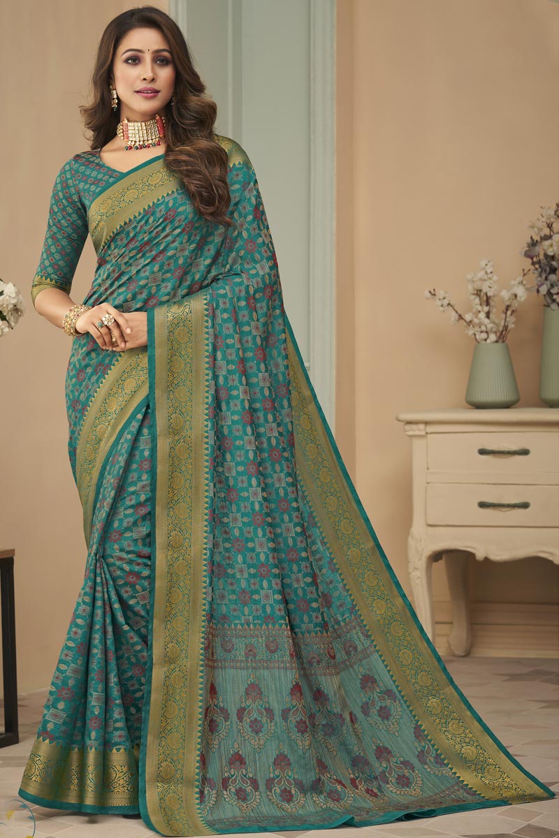 Festival Wear Art Silk Fabric Weaving Work Imposing Saree In Teal Color