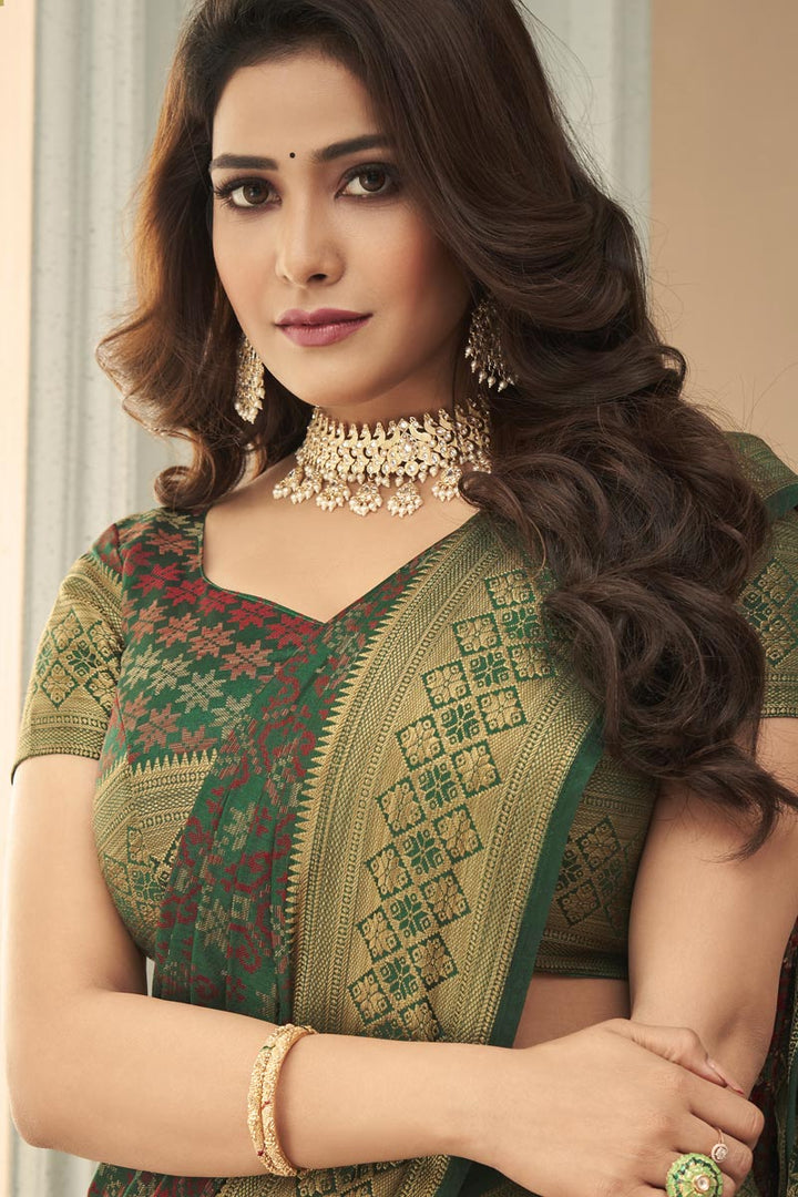 Festival Wear Art Silk Fabric Weaving Work Soothing Saree In Dark Green Color