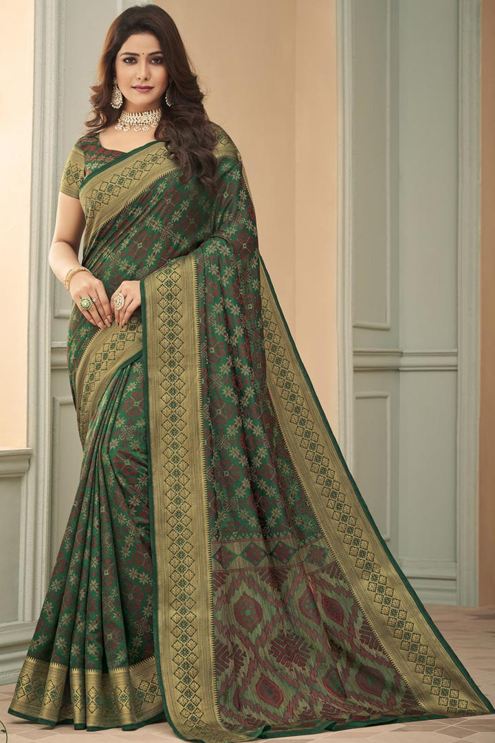 Festival Wear Art Silk Fabric Weaving Work Soothing Saree In Dark Green Color