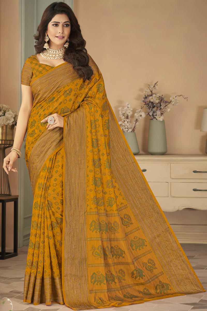 Blazing Mustard Color Festival Wear Art Silk Fabric Weaving Work Saree