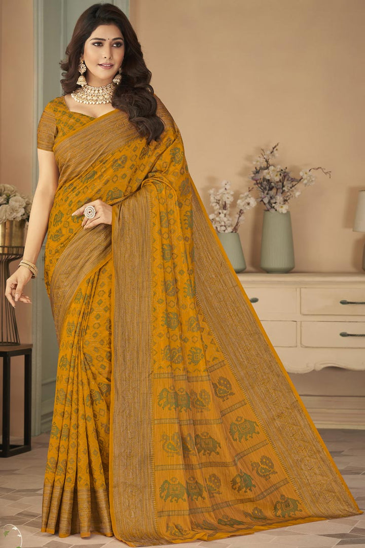 Blazing Mustard Color Festival Wear Art Silk Fabric Weaving Work Saree