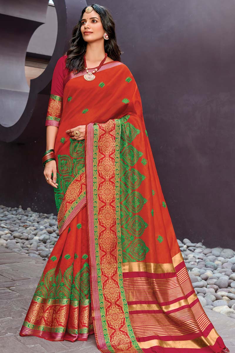 Festival Wear Rust Color Art Silk Fabric Miraculous Embroidered Saree