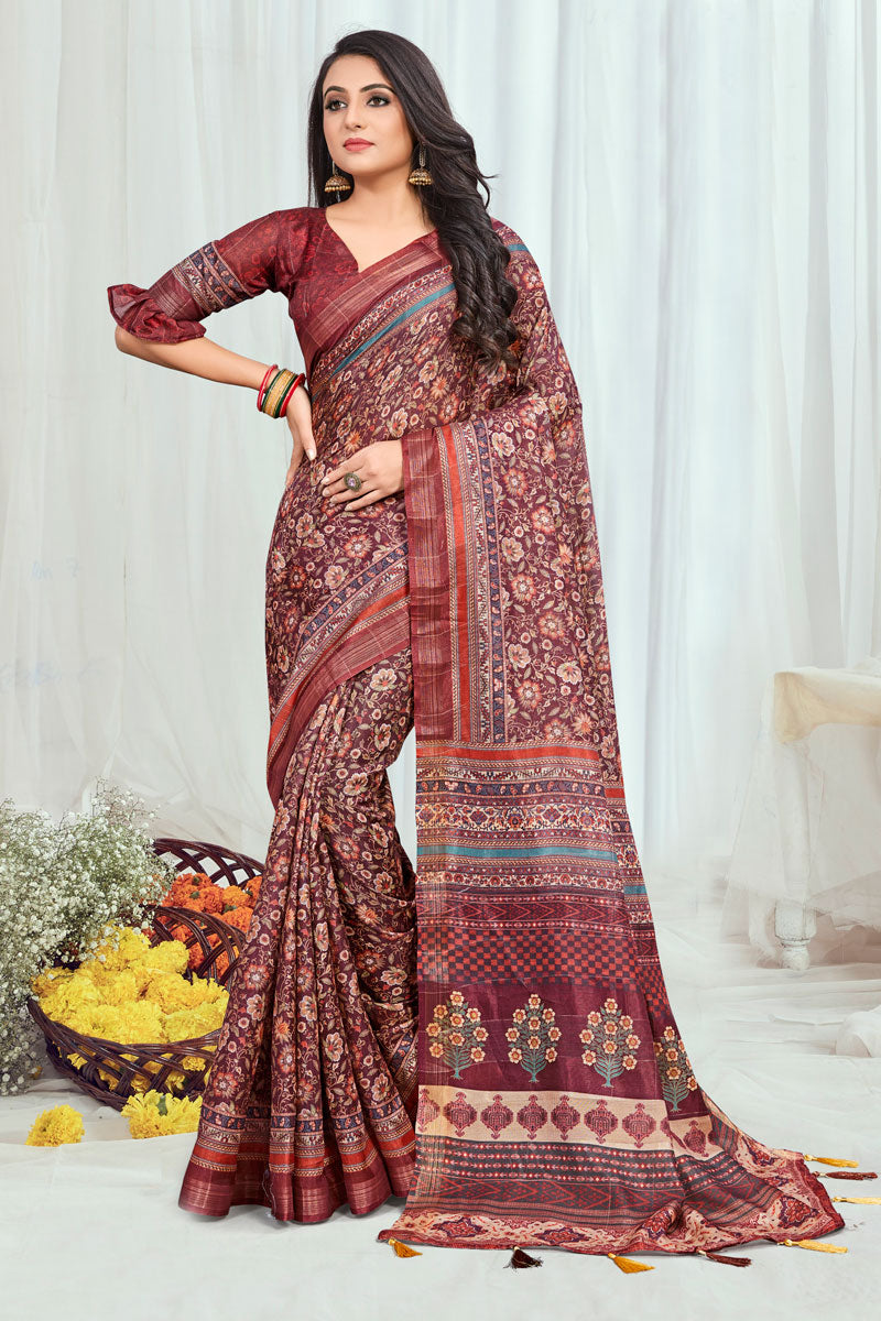 Bewitching Maroon Cotton Printed Casual Saree