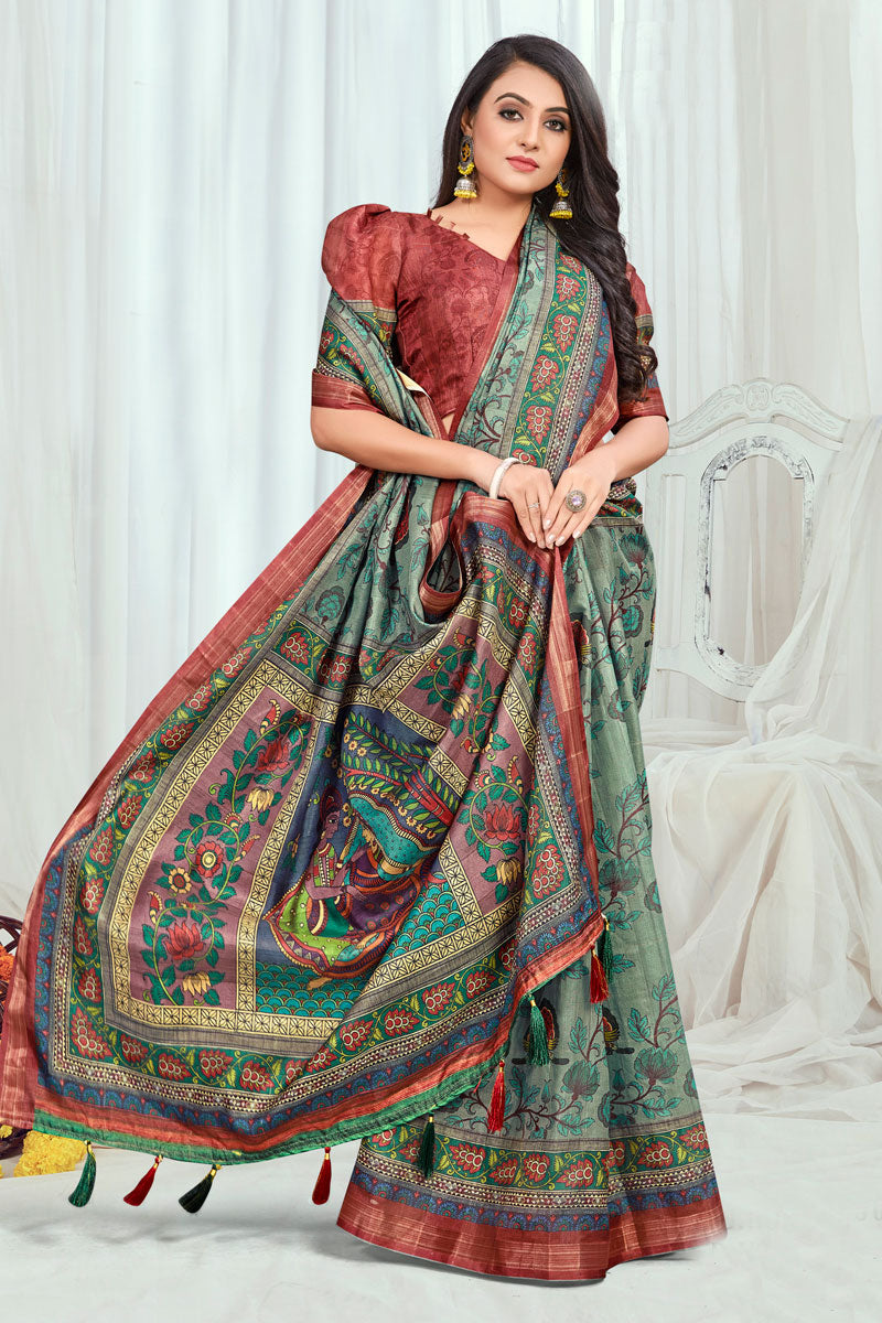 Green Cotton Casual Printed Remarkable Saree
