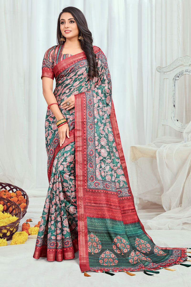 Engaging Sea Green Cotton Casual Printed Saree