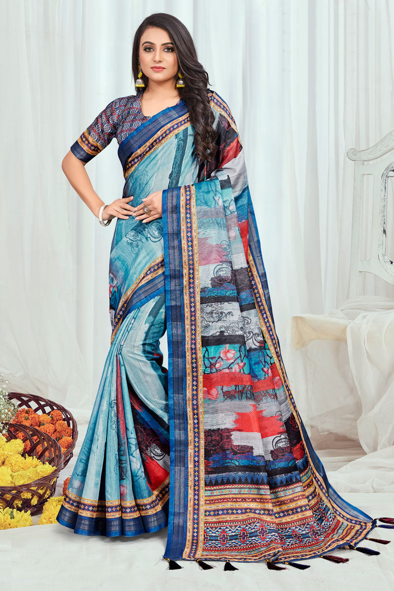 Classic Sky Blue Cotton Casual Printed Saree