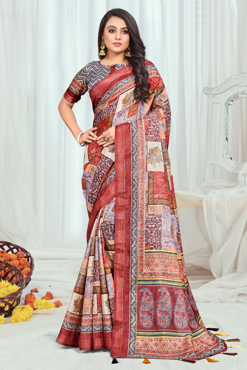 Creative Casual Printed Cotton Saree In Multi Color