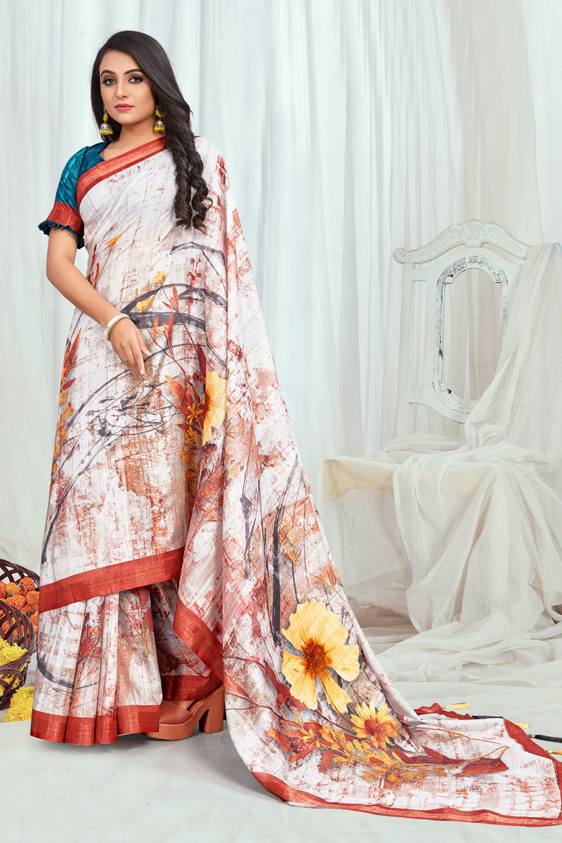 Marvellous Cotton Casual Printed Saree In White Color
