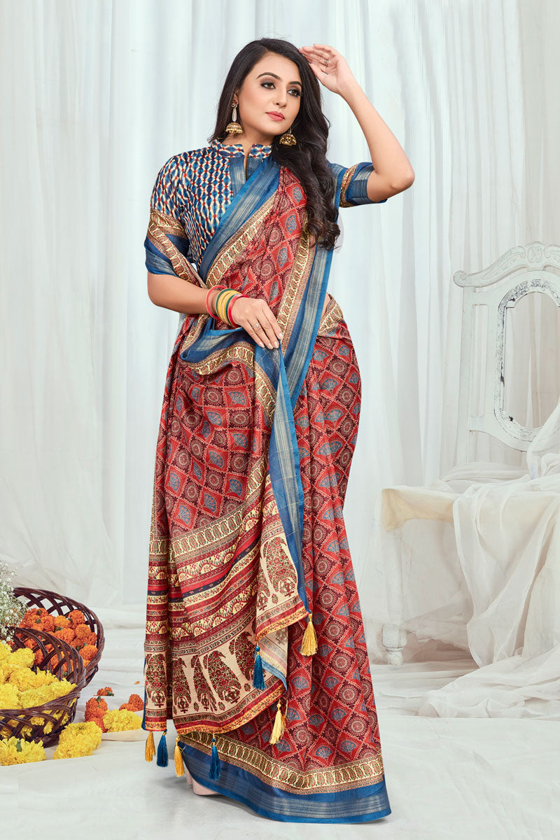Attractive Maroon Cotton Casual Printed Saree
