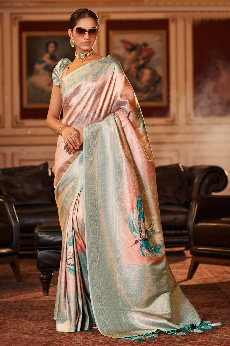 Classic Peach Color Jacquard Digital Printed Saree