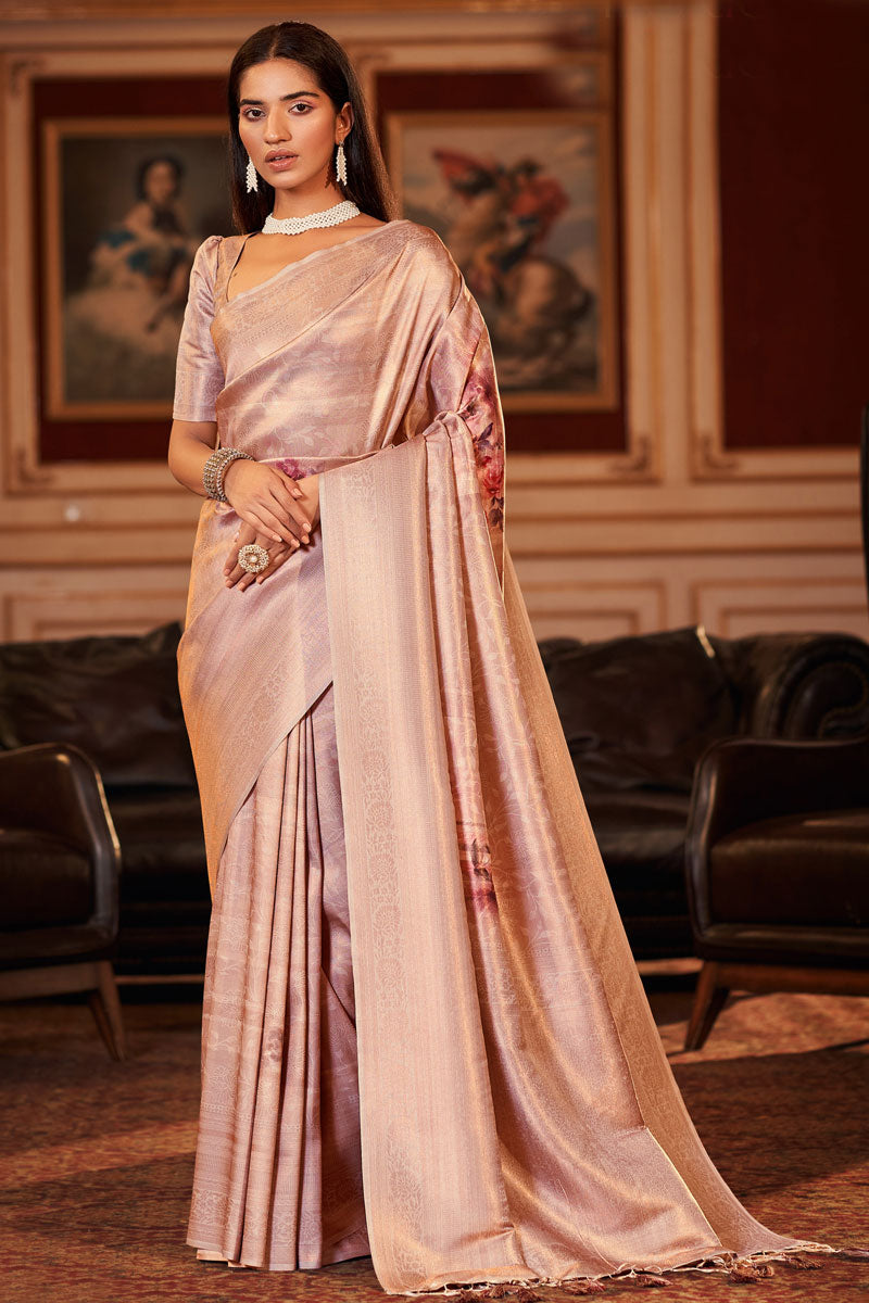 Creative Jacquard Digital Printed Saree In Beige Color