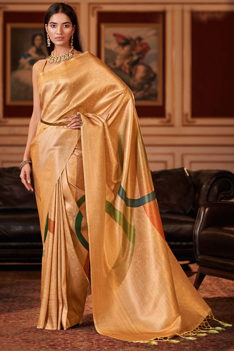 Marvellous Jacquard Digital Printed Saree In Mustard Color