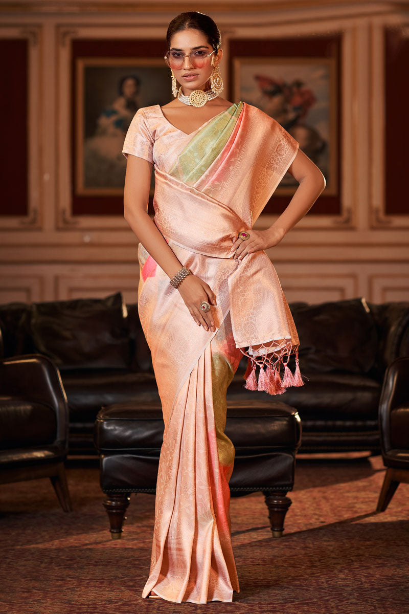 Attractive Peach Color Jacquard Digital Printed Saree