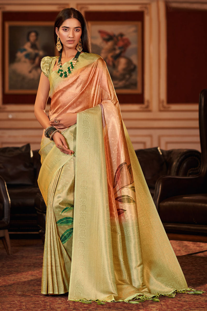 Remarkable Rust Color Jacquard Digital Printed Saree