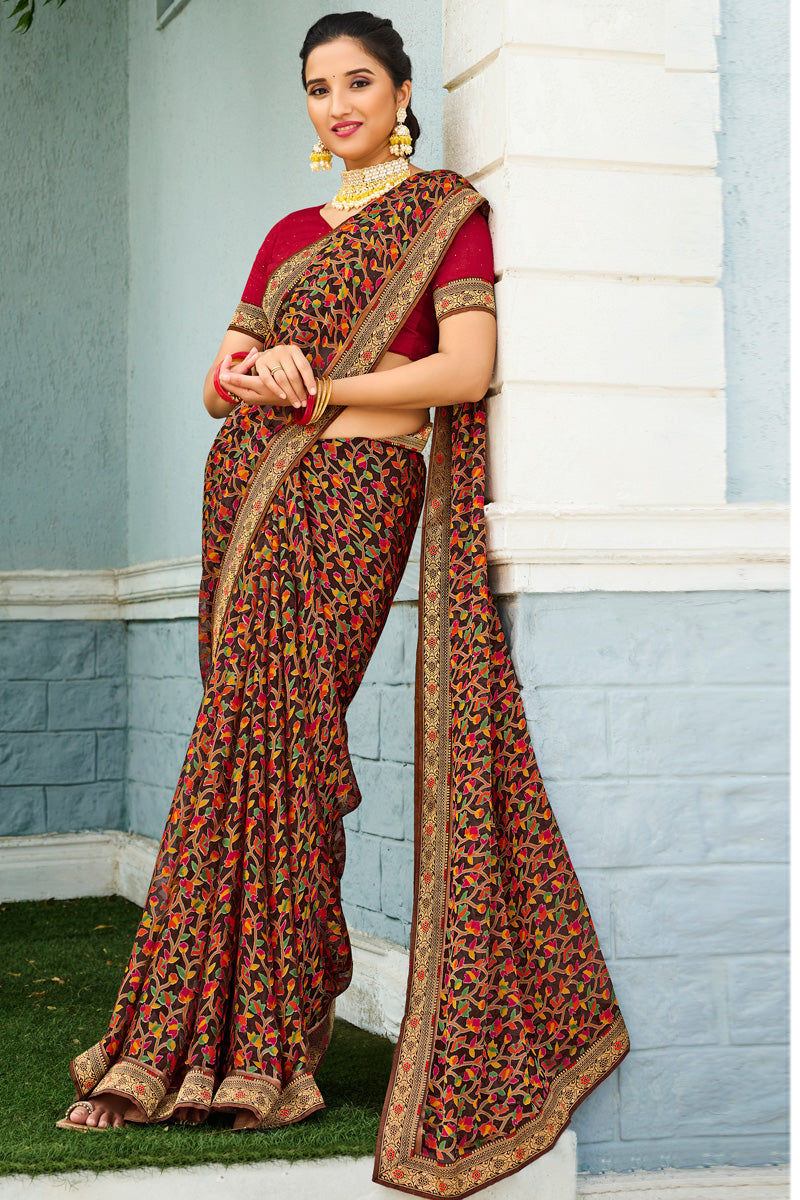 Brown Color Georgette Fabric Enticing Festival Wear Saree