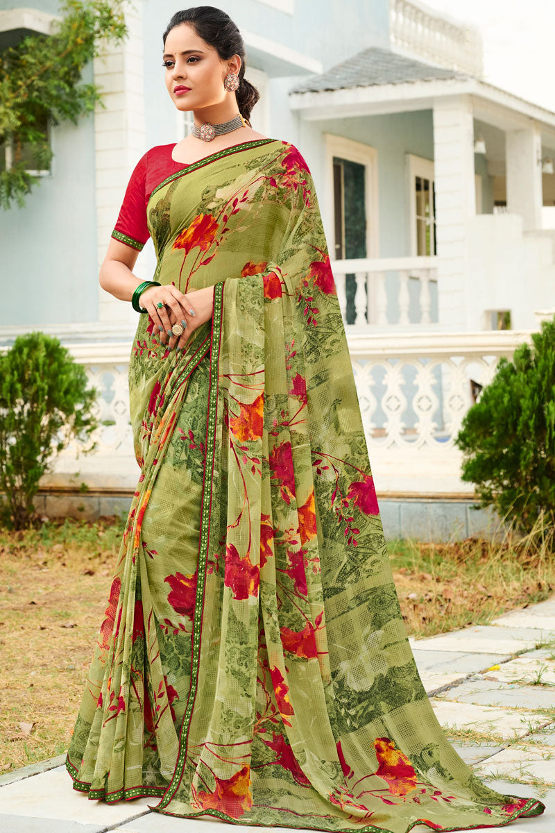 Mehendi Green Color Charming Georgette Fabric Casual Look Printed Saree