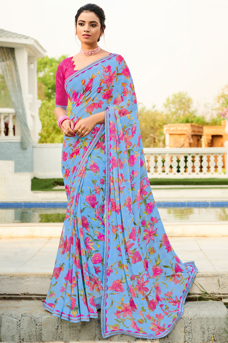 Blazing Georgette Fabric Sky Blue Color Casual Look Printed Saree