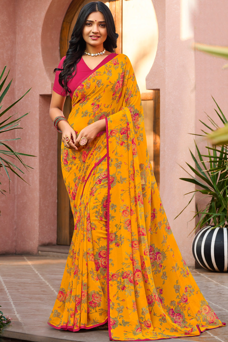 Wonderful Casual Look Floral Printed Georgette Saree In Yellow Color