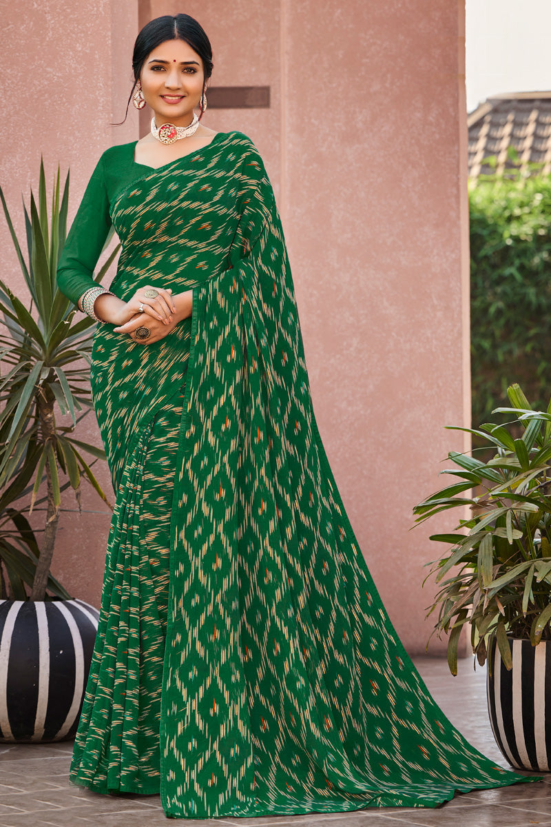 Green Color Beatific Casual Look Floral Printed Georgette Saree