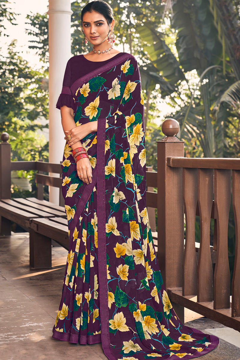 Glittering Wine Color Georgette Light Weight Casual Saree