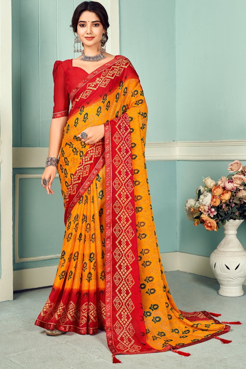 Engaging Mustard Printed Chiffon Saree