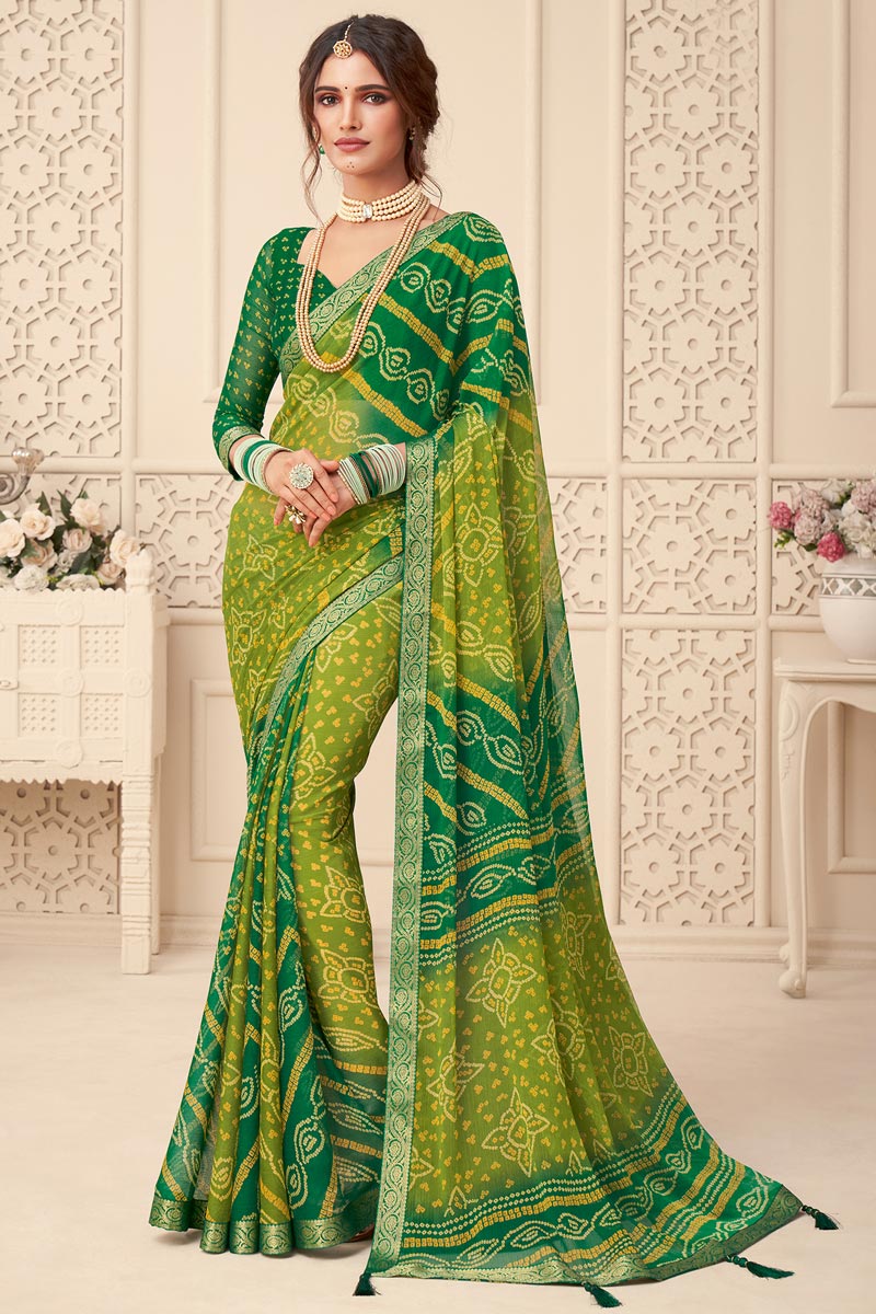 Vartika Singh Chiffon Bandhani Printed Saree in Green