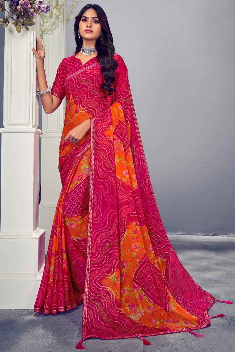Floral Printed Chiffon Saree In Dazzling Rani Color