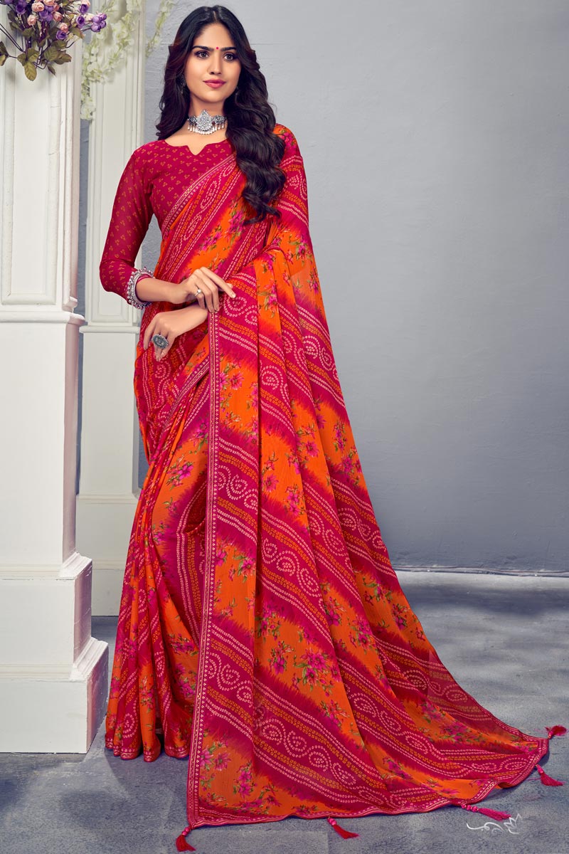 Floral Printed Pink Color stylish Saree In Chiffon Fabric