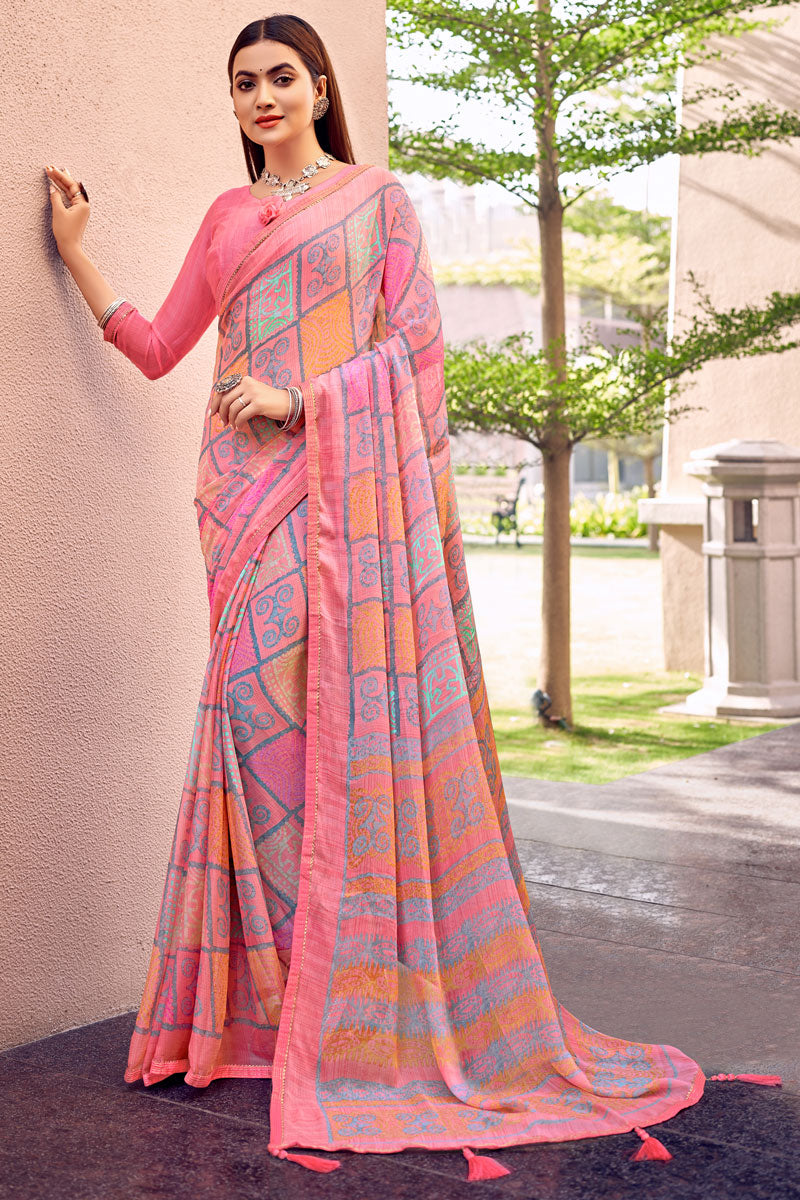 Casual Printed Work Tempting Chiffon Saree In Pink Color