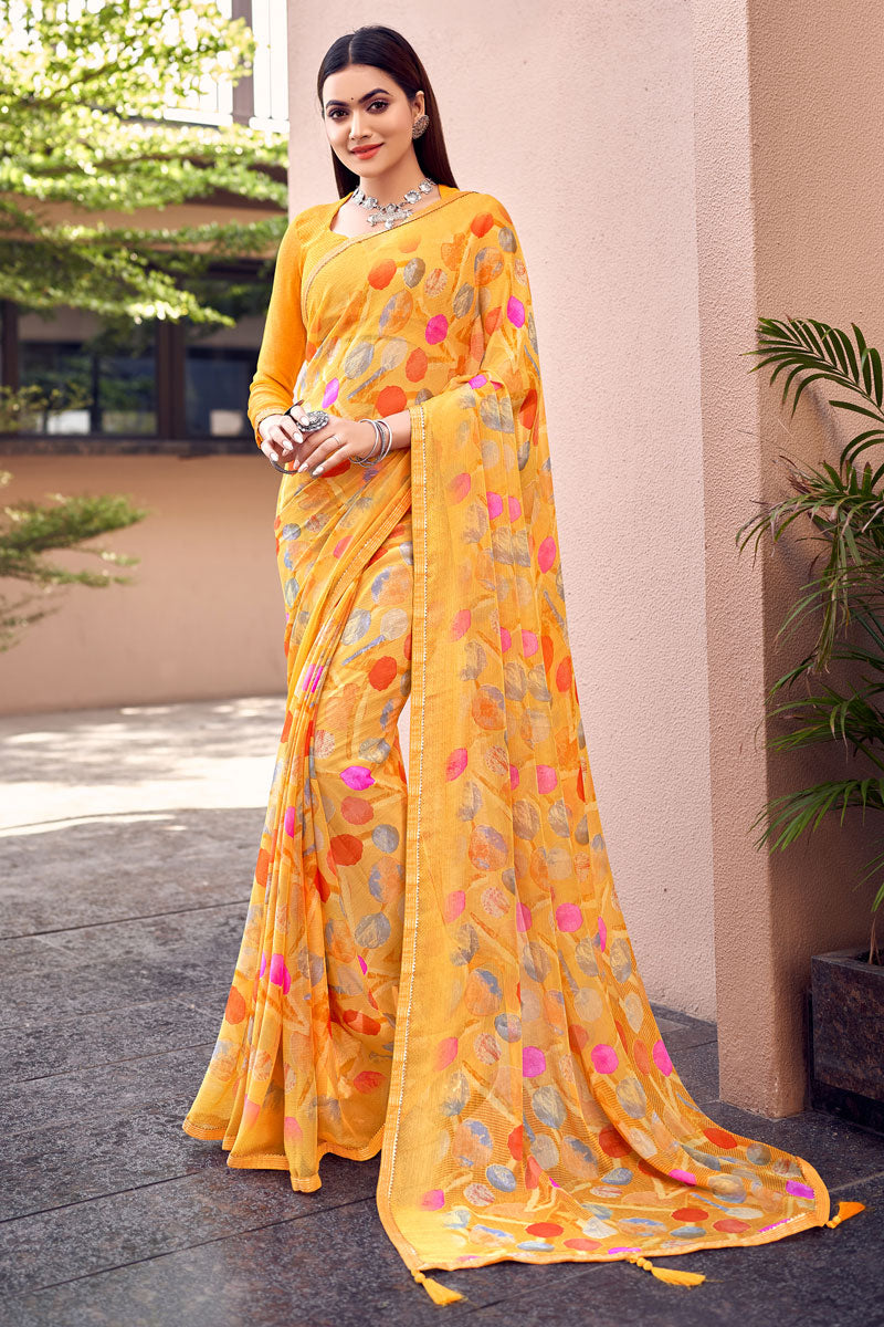 Casual Printed Work Beatific Chiffon Saree In Yellow Color