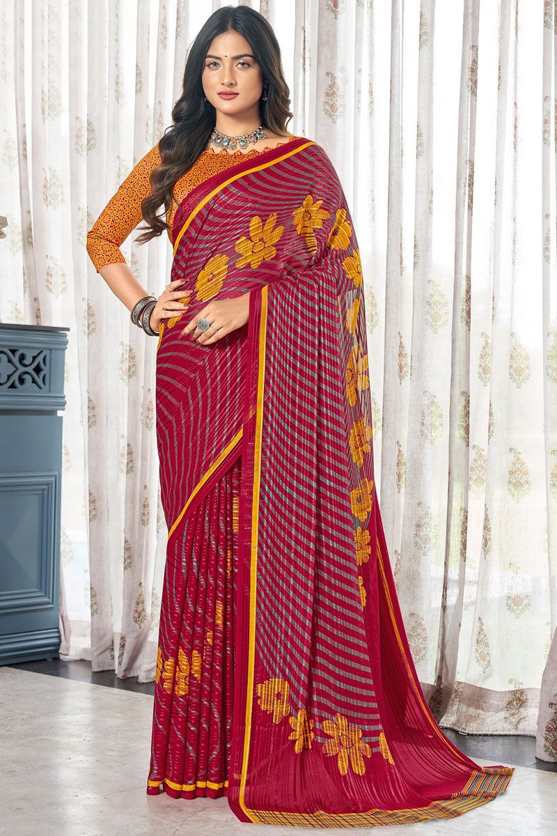 Dusky Maroon Color Printed Designs Casual Saree