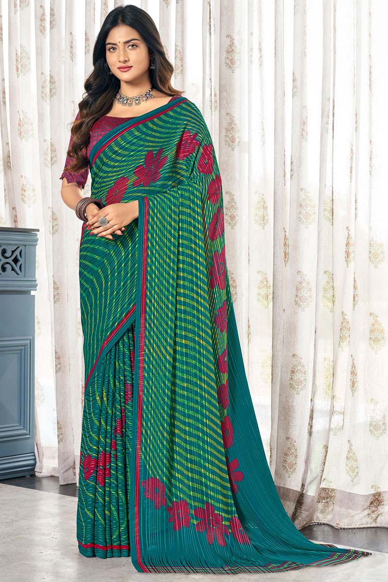 Attractive Dark Cyan Color Satin Printed Saree