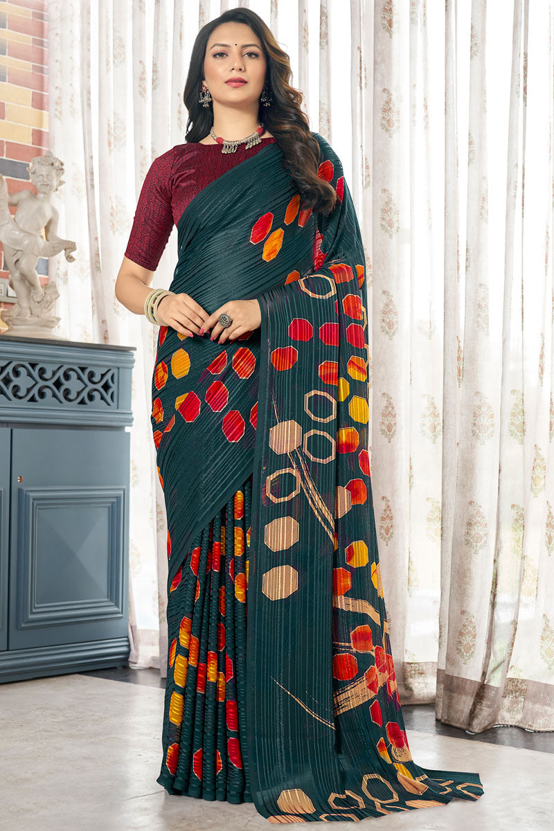 Enriching Casual Printed Designs Teal Saree