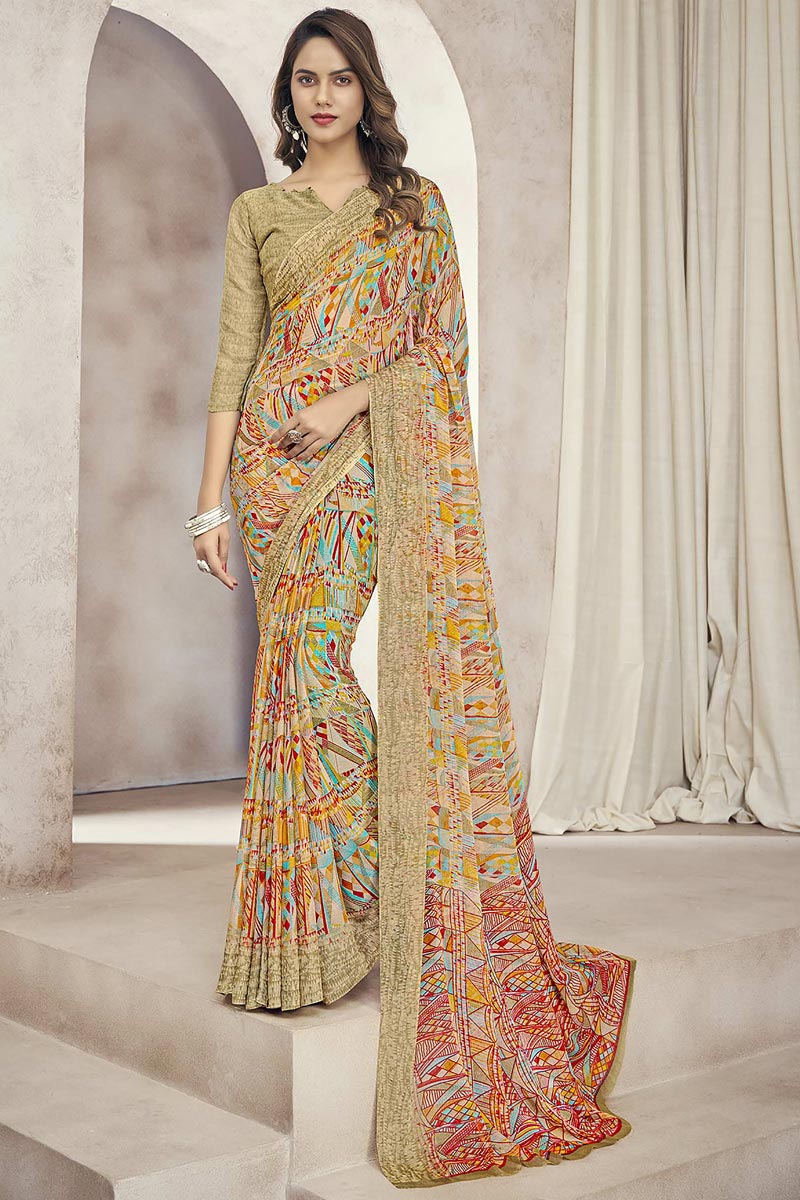 Chiffon Fabric Beige Color Soothing Casual Look Printed Saree