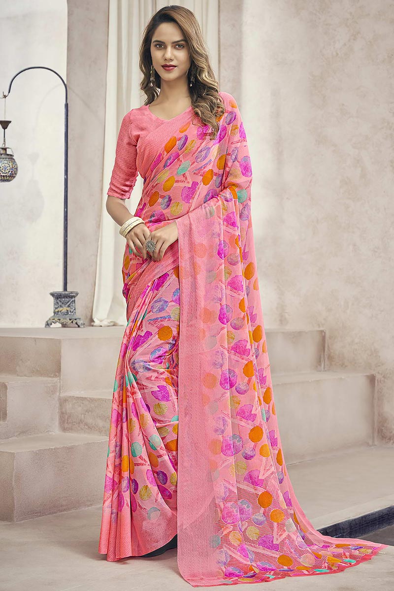 Chiffon Fabric Peach Color Enticing Casual Look Printed Saree