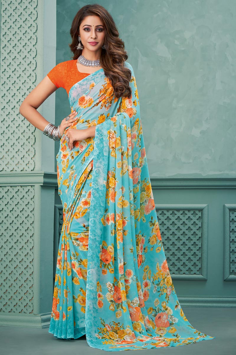Blazing Light Cyan Color Georgette Fabric Light Weight Saree