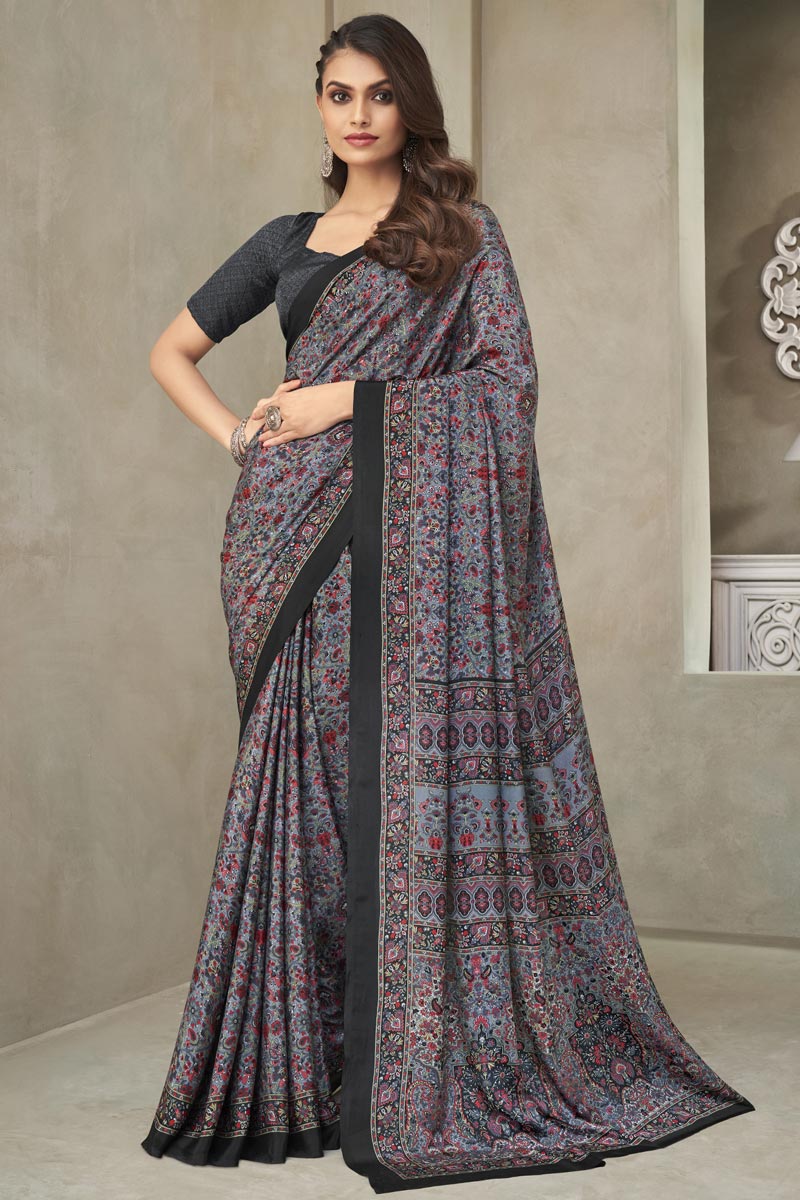 Classic Crepe Silk Fabric Printed Casual Saree in Multi Color