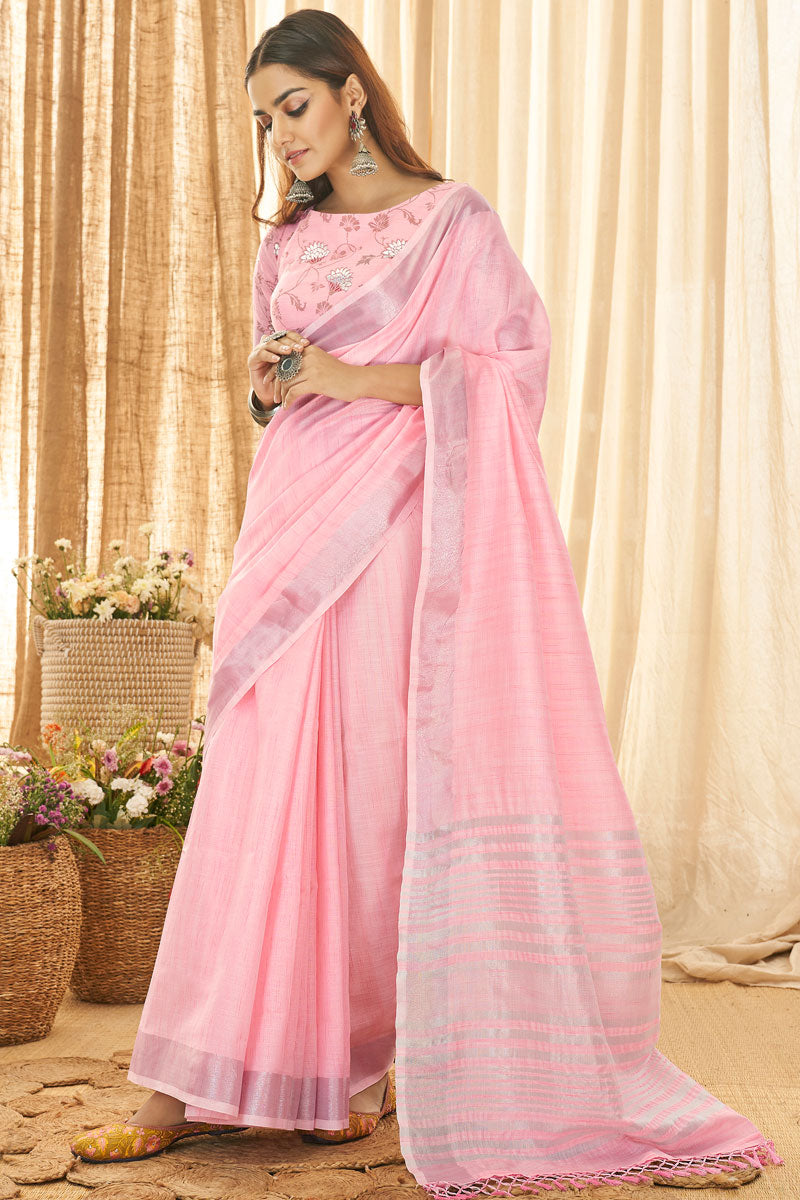 Beguiling Weaving Work On Pink Color Linen Fabric Saree